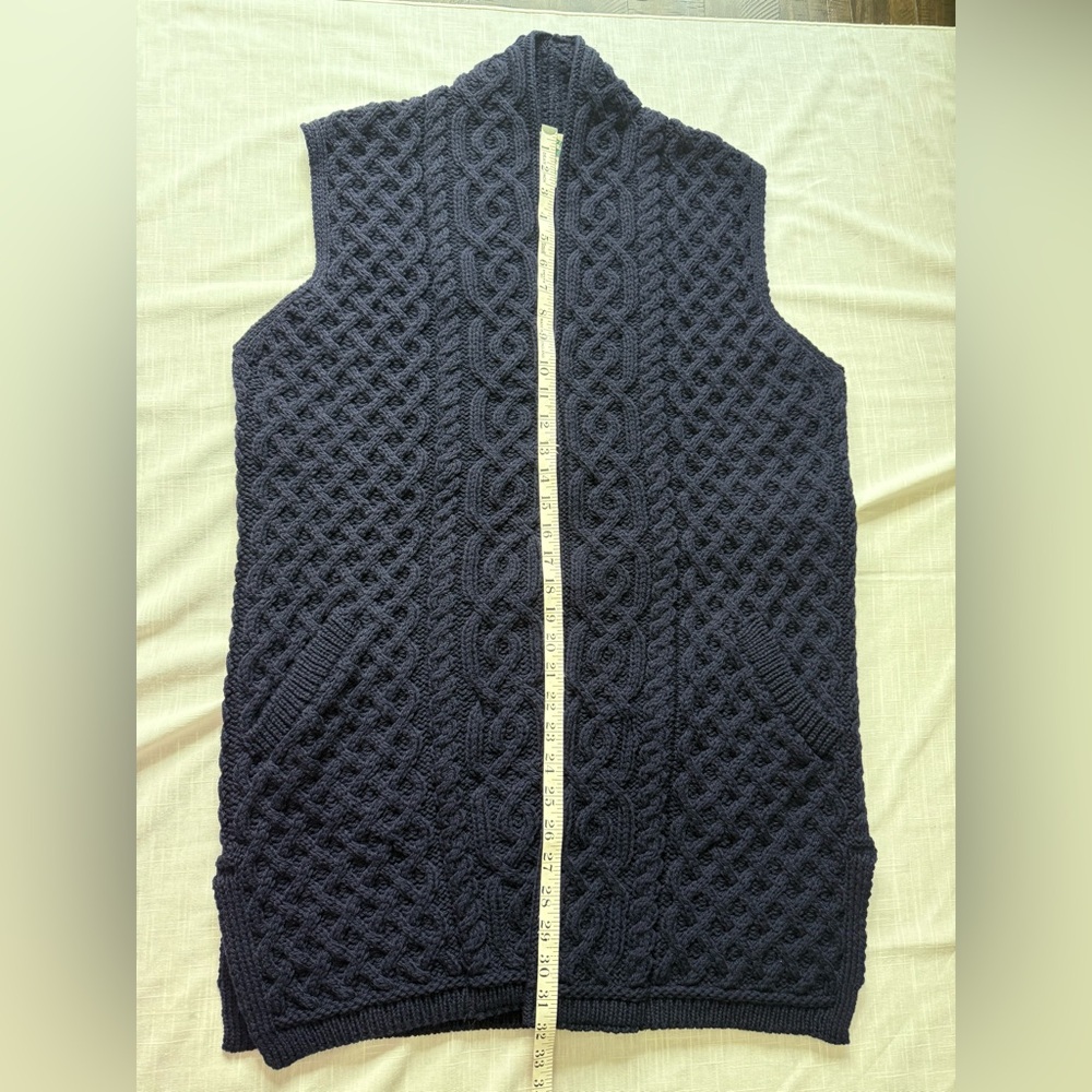 Aran Craft Merino Wool Open Front Vest with Pockets Navy Blue Cable Knit M - Picture 9 of 10